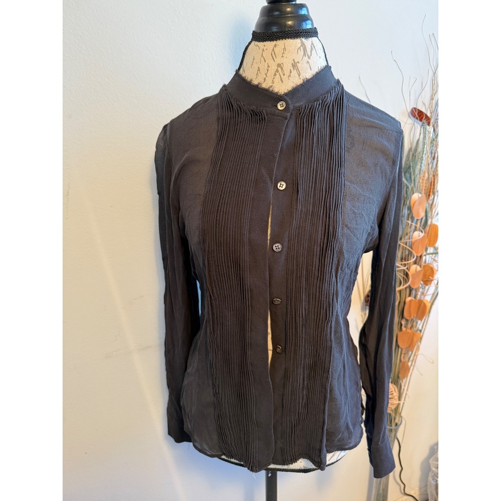 Theory Womens Black Silk Pintuck Pleated Sheer Button‎ Front Blouse Large